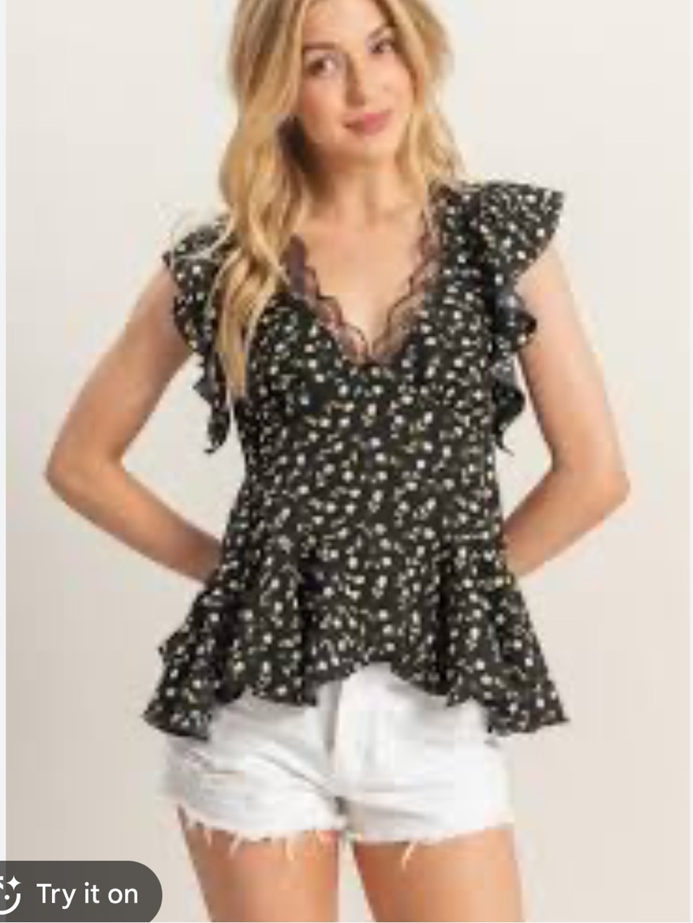 HYFYVE V-Neck/Back Black Floral Lace Trim Blouse Top
